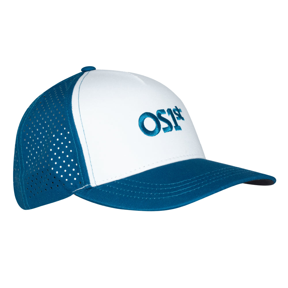 blue and white trucker hat with os1st logo