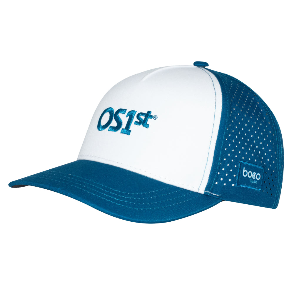 blue and white trucker hat with os1st logo